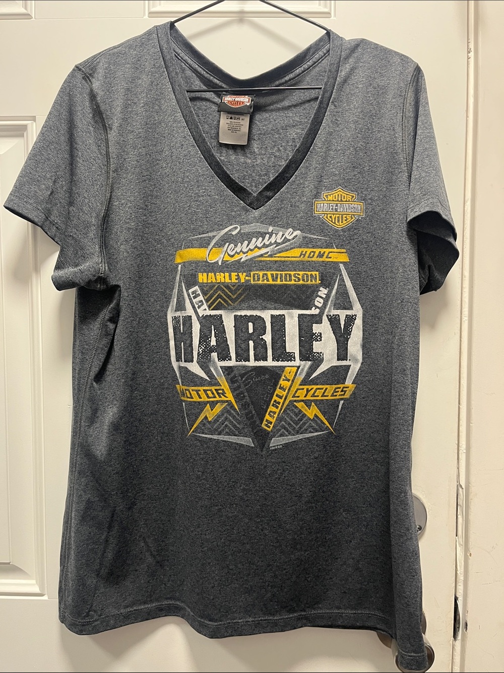 Harley-Davidson Women's Charcoal V-Neck Tee with Yellow Graphic